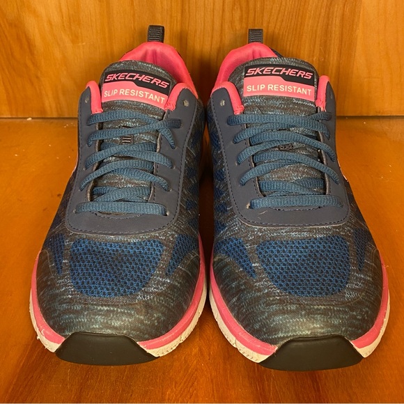 Womens 10 Skechers Work Comfort Flex Slip Resistant Shoes Blue Pink SEF0719 - Picture 2 of 8